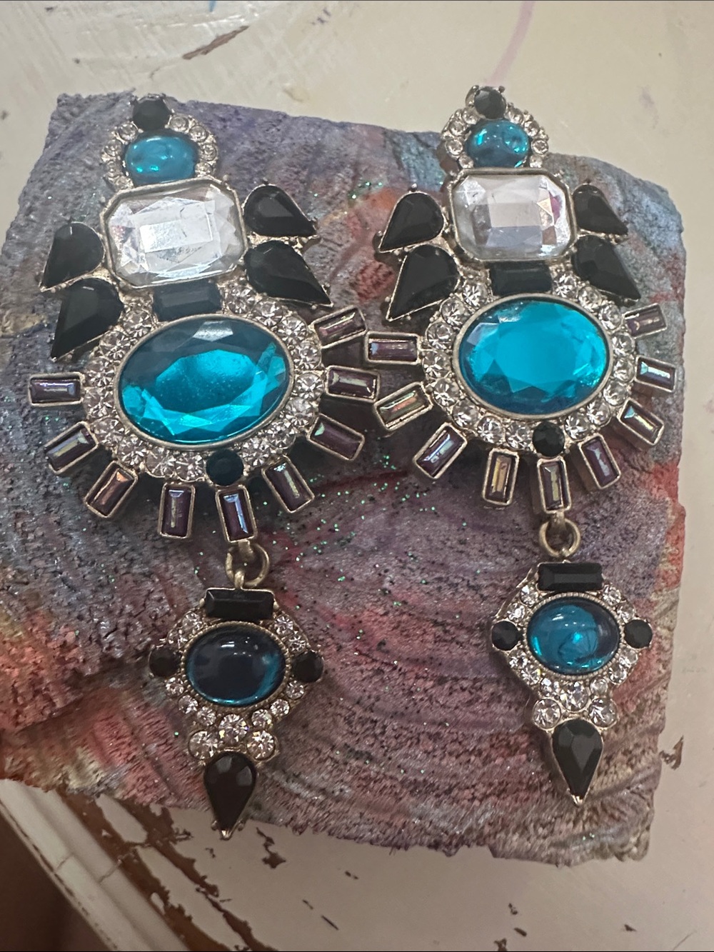 Vibrant Teal Gemstone Drop Earrings with Crystal Accents